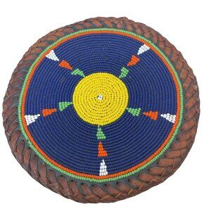 Beaded Trivet Blue Seed Bead & Leather Medallion Boho Hot Pad 6" Handcrafted